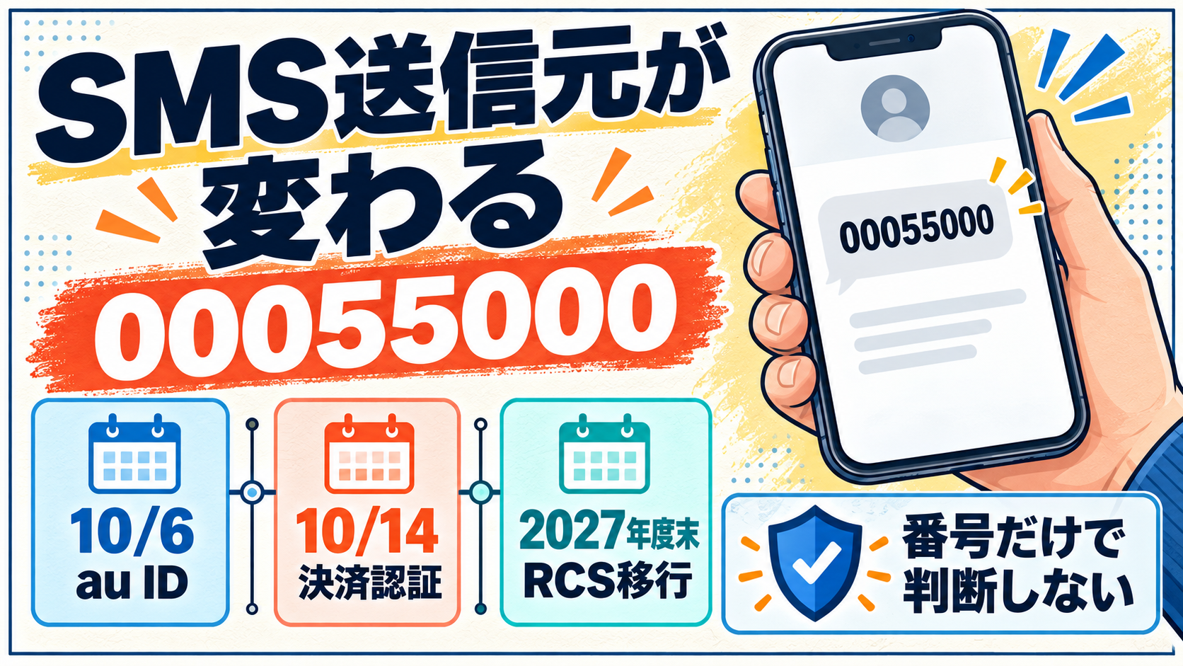 KDDIのSMS送信元00055000への変更、au IDと決済認証の開始日、RCS移行予定を示す日本語の情報図解