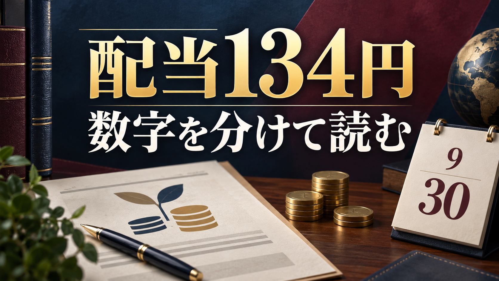 配当134円と数字を分けて読むという日本語見出し、カレンダー、書類、硬貨を配した金融ニュース風の編集ビジュアル