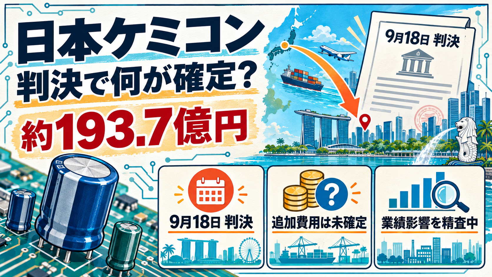 日本ケミコンのシンガポール判決で約193.7億円の支払責任と未確定項目を示す日本語の情報図解