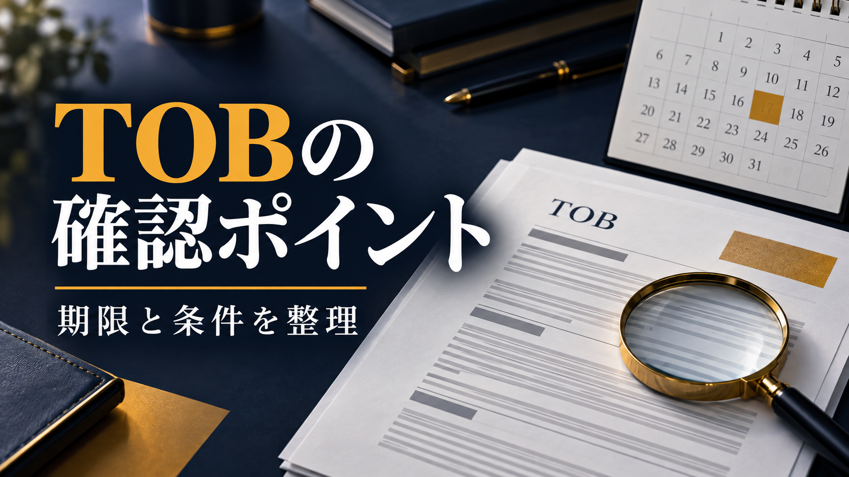 TOBの期限と条件を確認するための公開買付書類、カレンダー、拡大鏡を描いた編集ビジュアル
