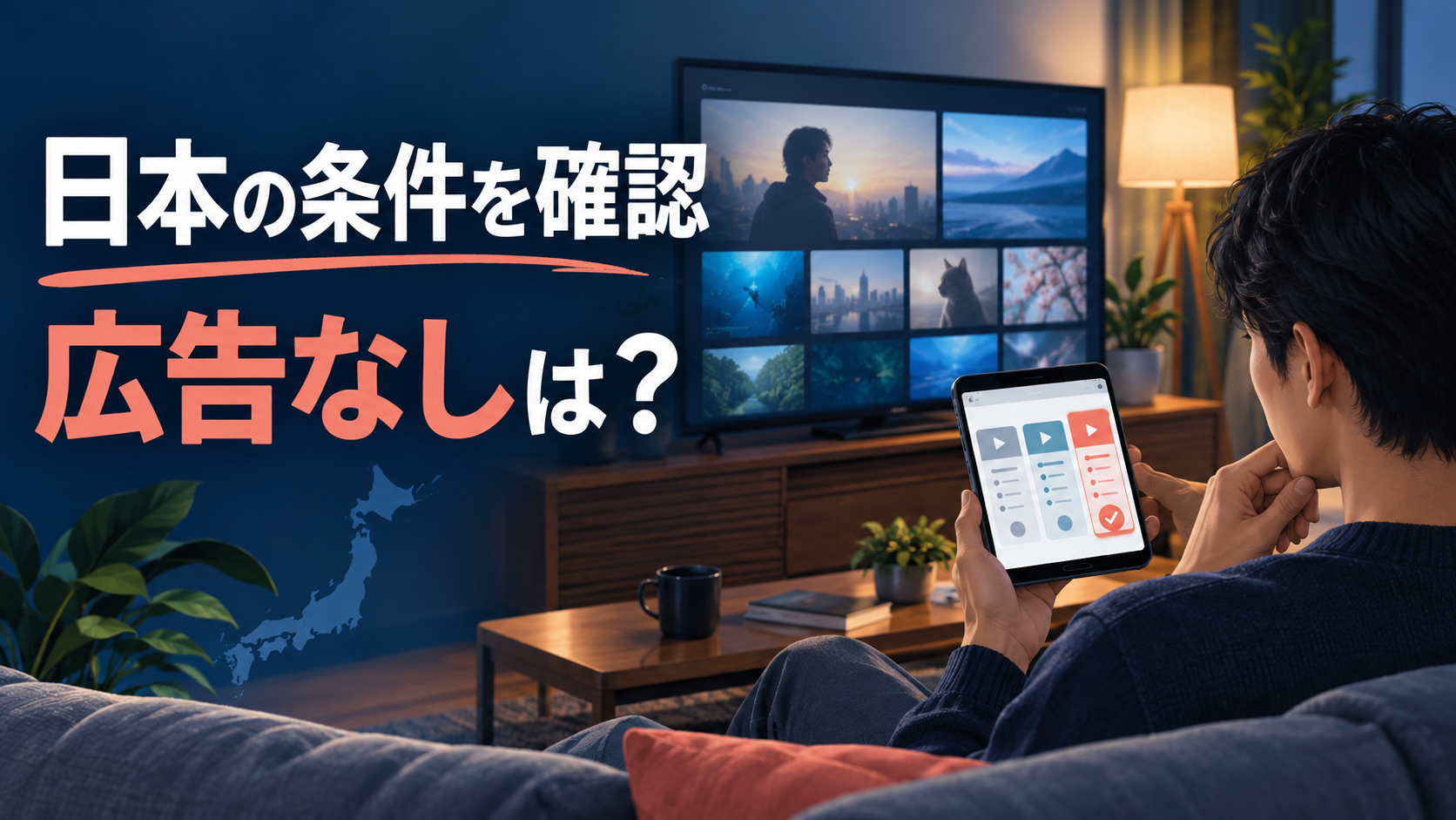 日本の動画配信サービスの契約条件と広告なし表示を確認する視聴者の編集ビジュアル
