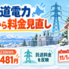 雪の北海道の住宅と送電網を背景に、北海道電力の11月料金見直しと30A・230kWhで月481円増のモデルを示す情報図解