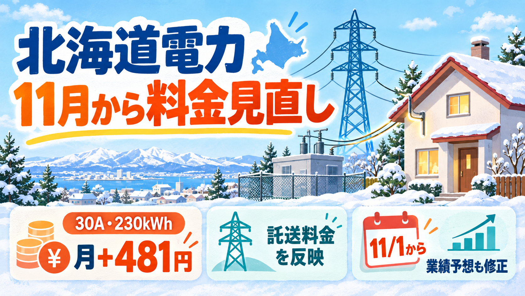 雪の北海道の住宅と送電網を背景に、北海道電力の11月料金見直しと30A・230kWhで月481円増のモデルを示す情報図解