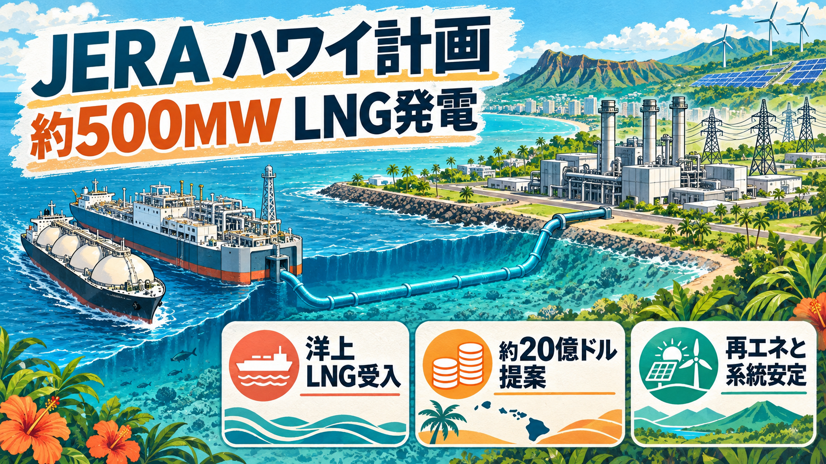 JERAのハワイ計画で洋上LNG受入設備から約500MWの発電所へ燃料を送る流れを示す日本語見出し入り図解