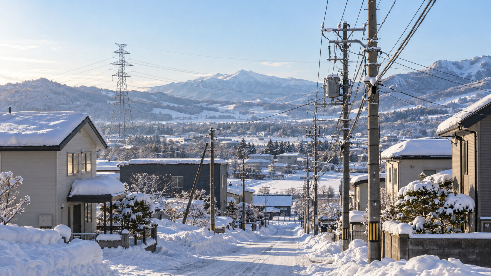 雪の北海道の住宅地で配電柱と送電塔が山あいの地域へ電気を届ける様子
