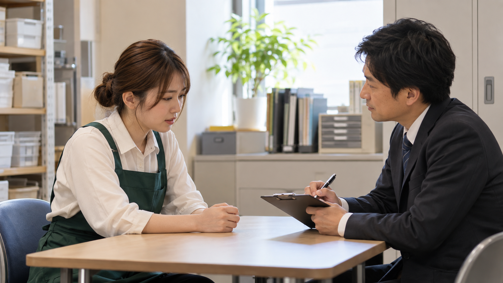 静かなバックオフィスで従業員が相談担当者に出来事を説明している様子