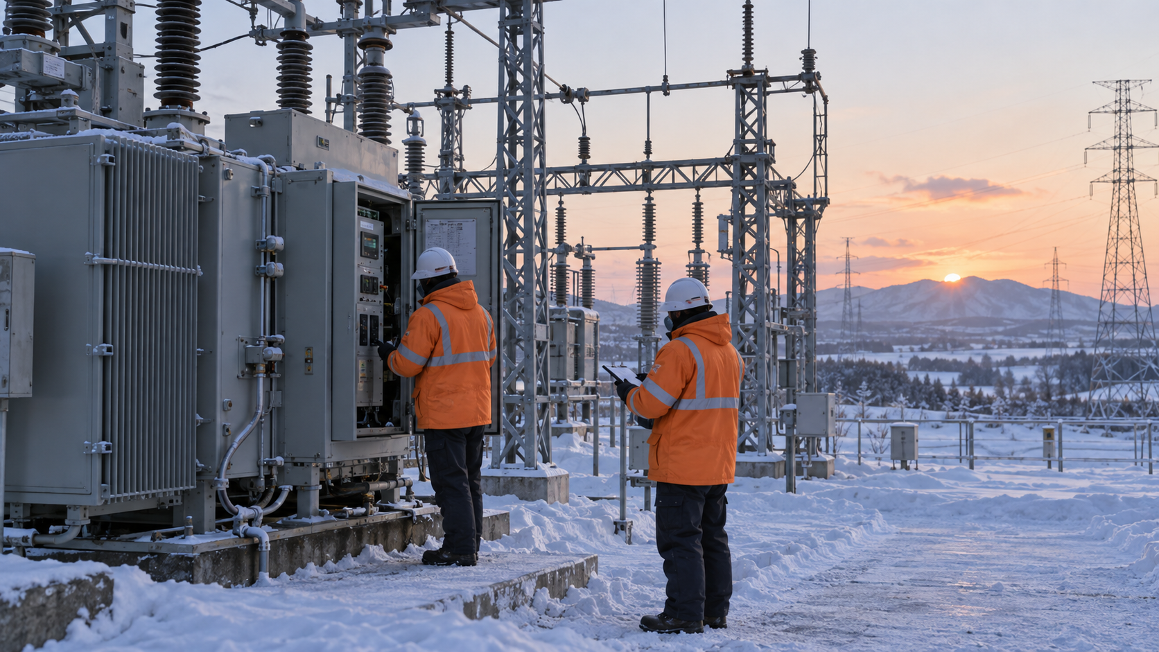 雪の変電設備で橙色の防寒作業着を着た技術者が送配電設備を点検する様子