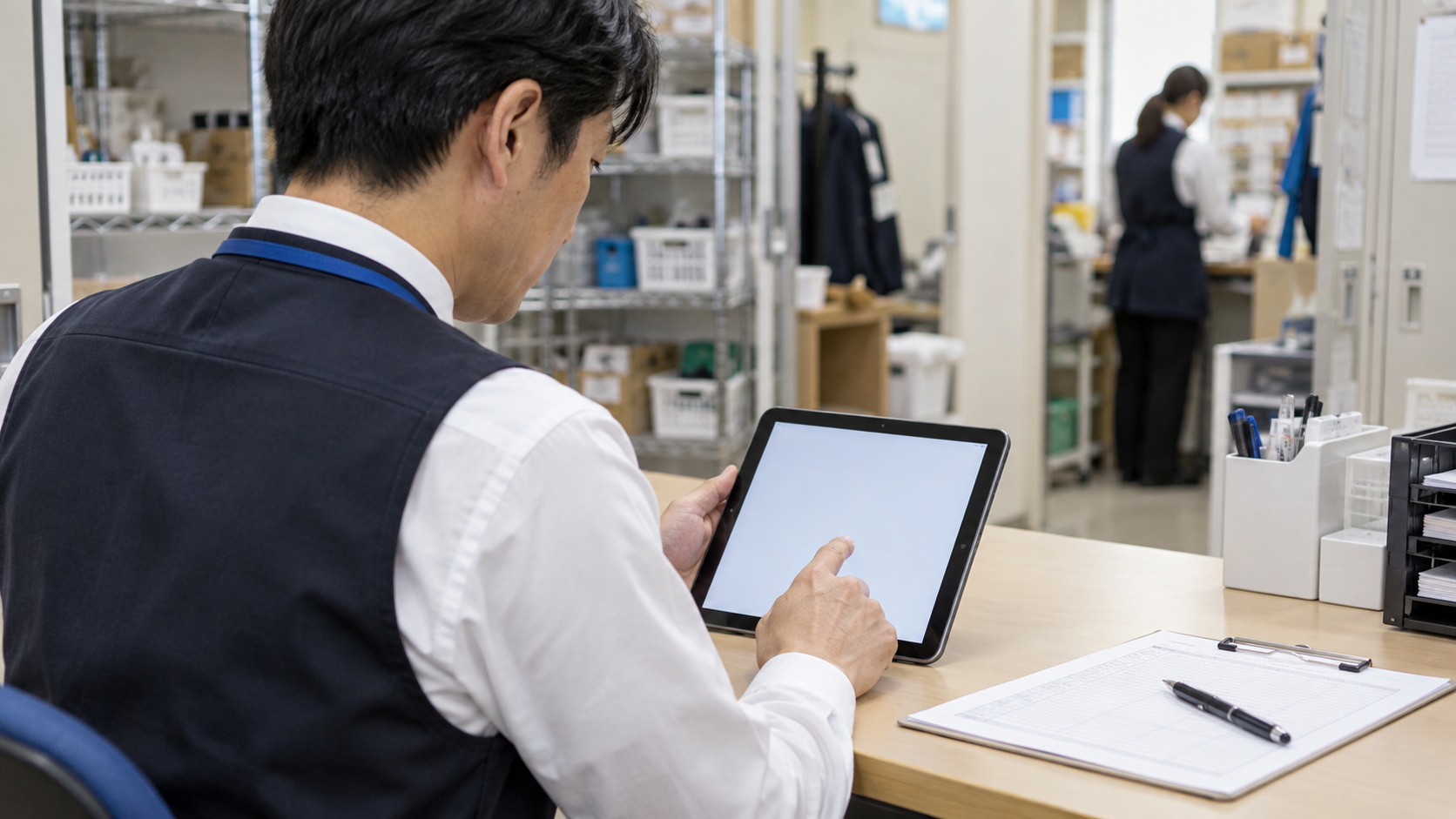 小売店の責任者がタブレットに顧客対応の報告内容を記録している様子