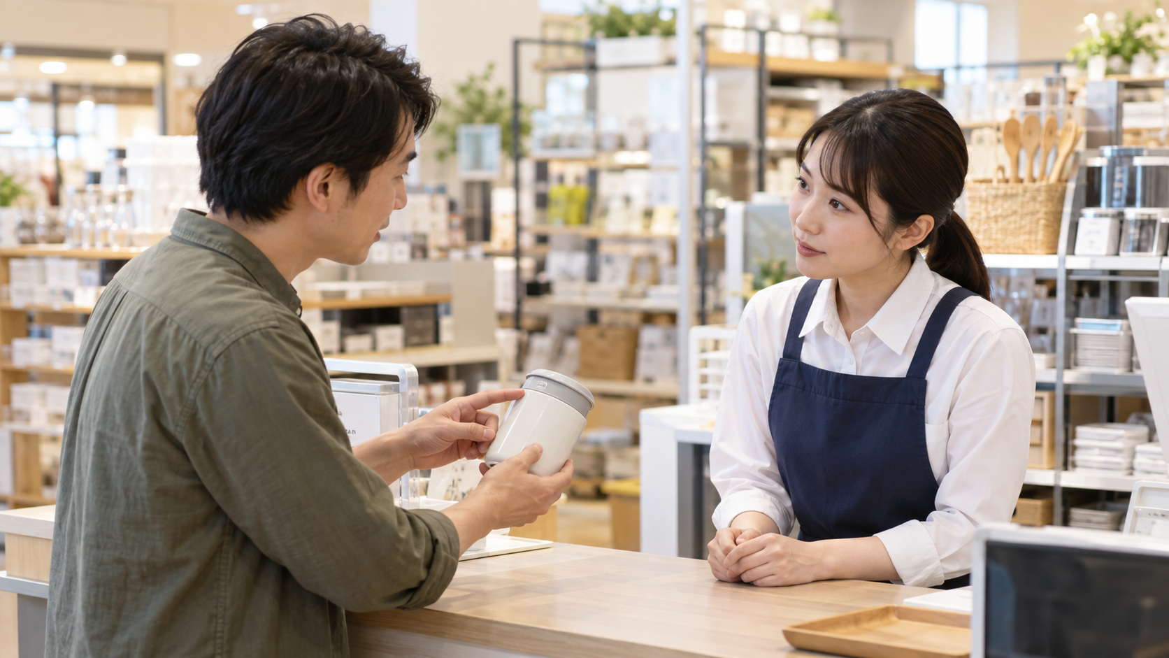 店舗カウンターで顧客と従業員が落ち着いて商品の不具合について話している様子