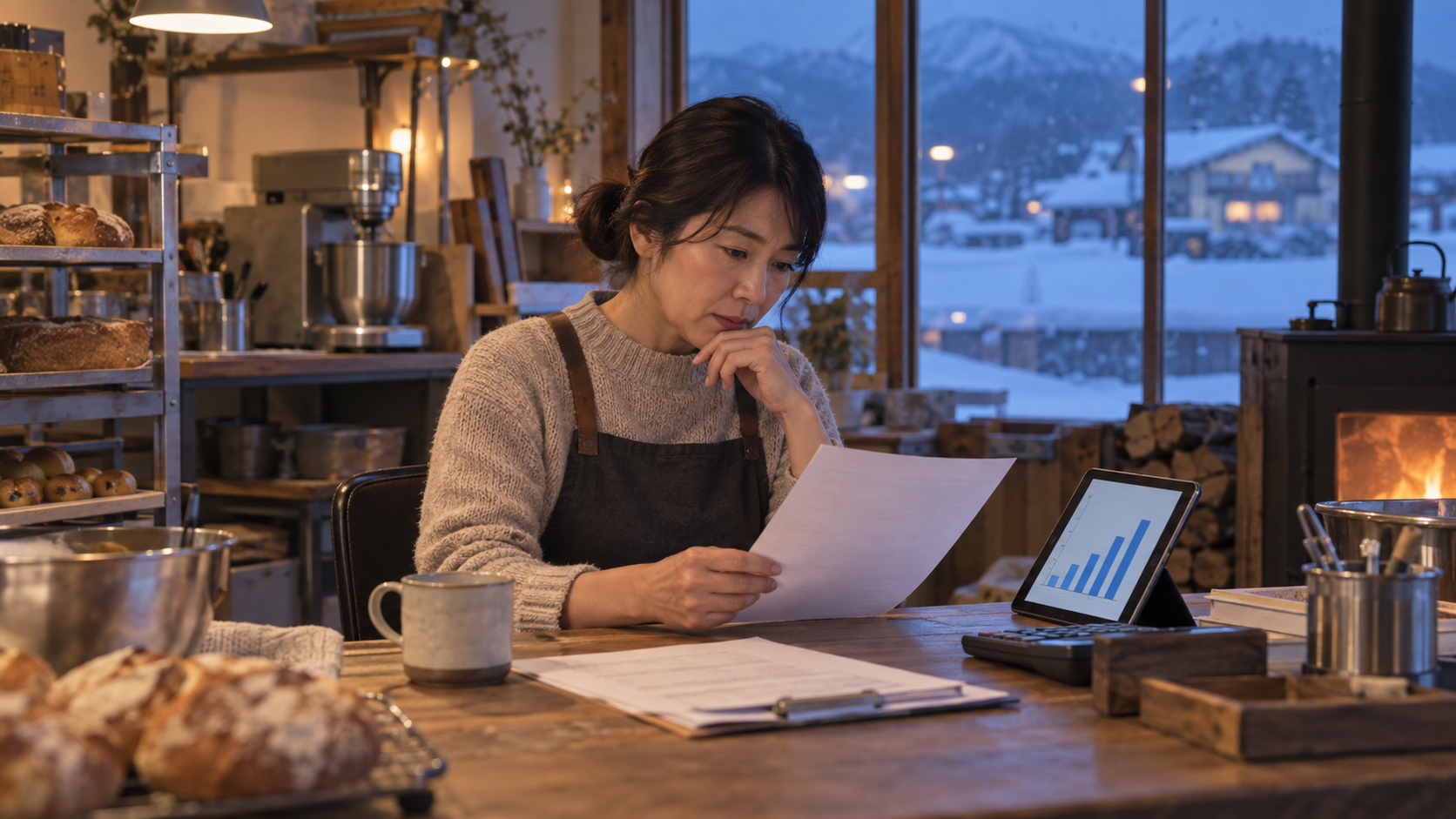 雪の町の小さなベーカリーで店主が電気料金の書類と使用量の棒グラフを確認している様子