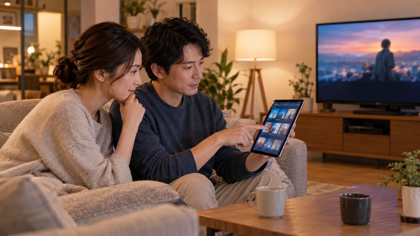 自宅で動画配信サービスのプランをタブレットで比較する2人の視聴者