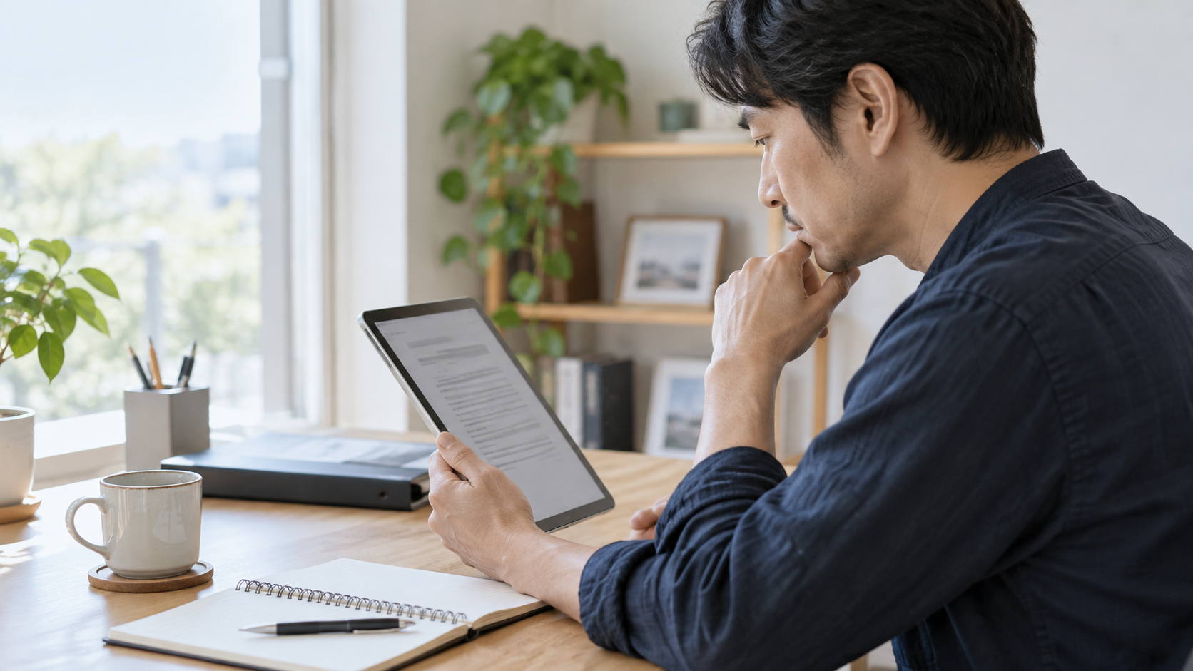 公表資料をタブレットで読む投資家を表した明るい編集写真
