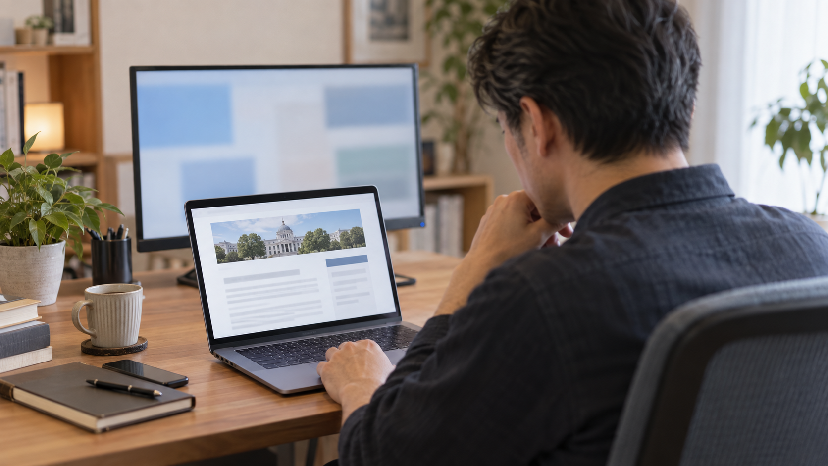 ノートPCで会社の公式開示を確認する株主を表した編集写真