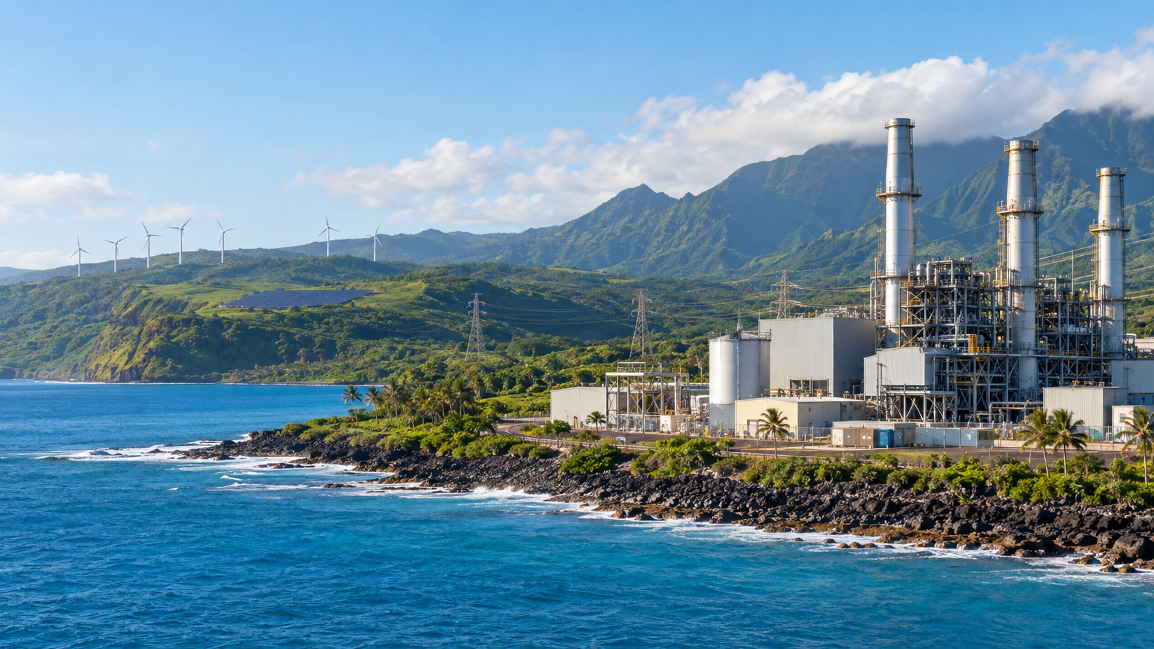 海岸沿いの近代的な発電所と遠方の風力・太陽光設備を写した編集写真