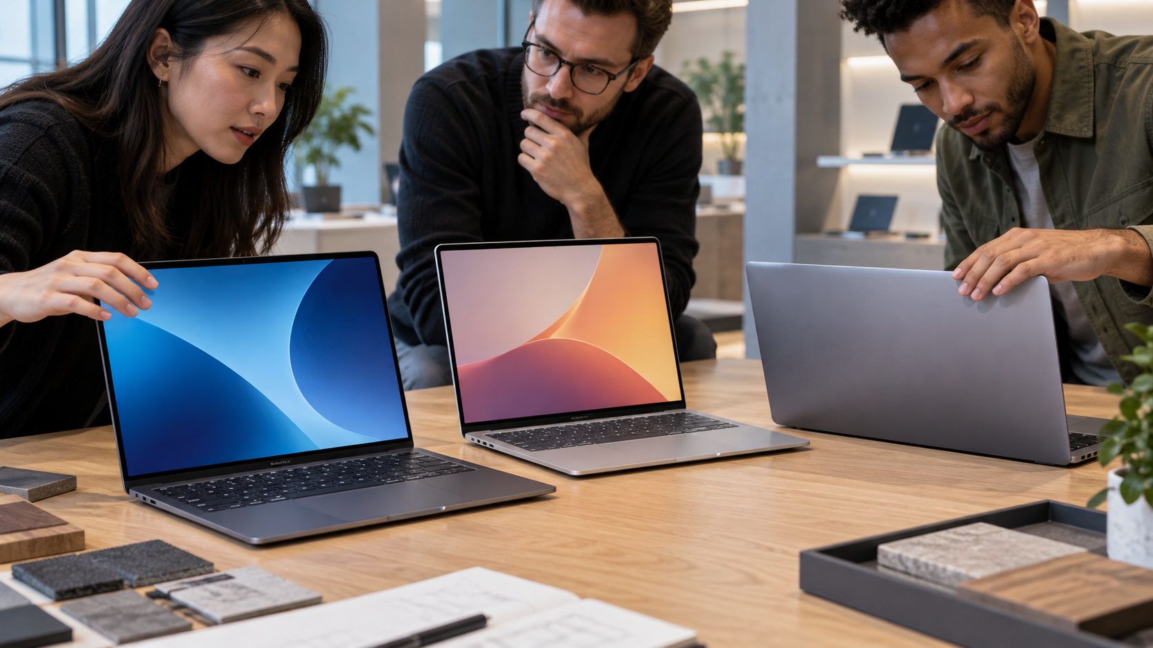 複数の薄型ノートPCが並ぶショールームで素材と表示を確認するスタッフの様子