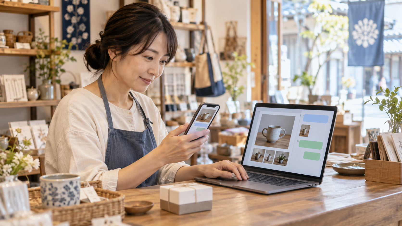 店舗カウンターでノートPCとスマートフォンを使い写真とメッセージを確認する小規模事業者