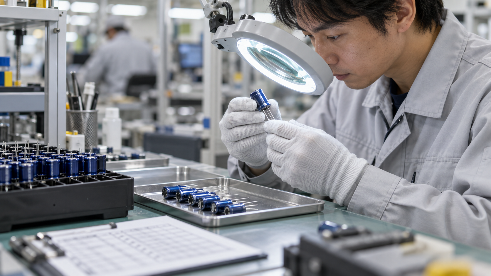 青いアルミ電解コンデンサを拡大灯で検査する電子部品工場の技術者