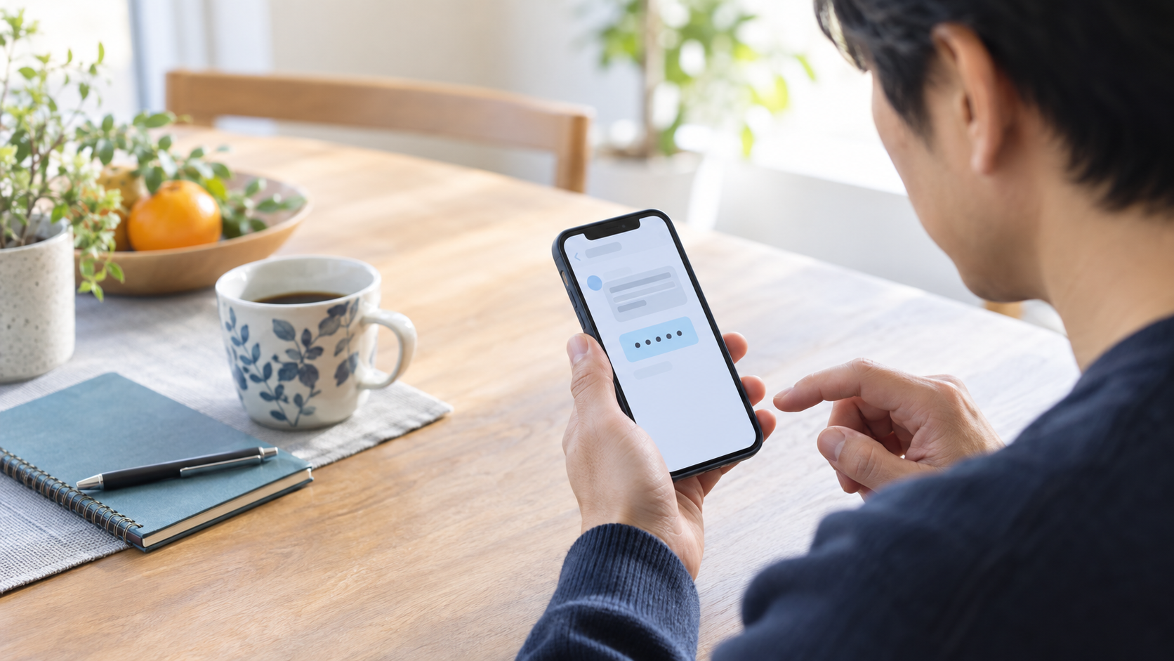 スマートフォンに届いた認証SMSの送信元を確認する利用者の手元