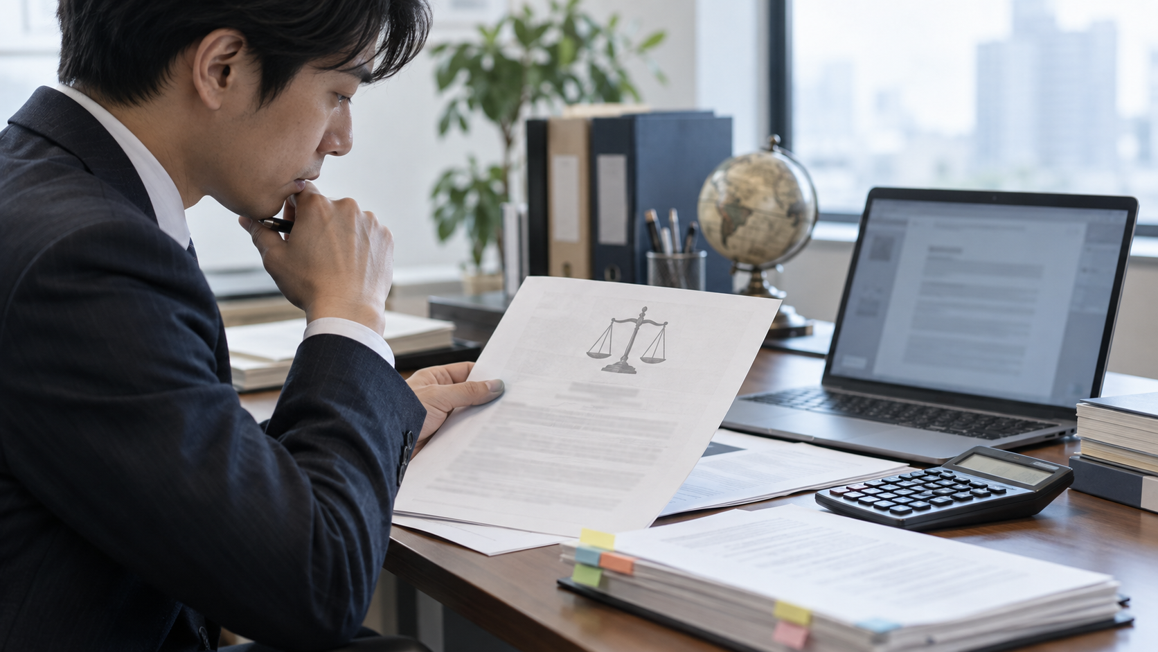 裁判資料と電卓を机上で確認する企業担当者