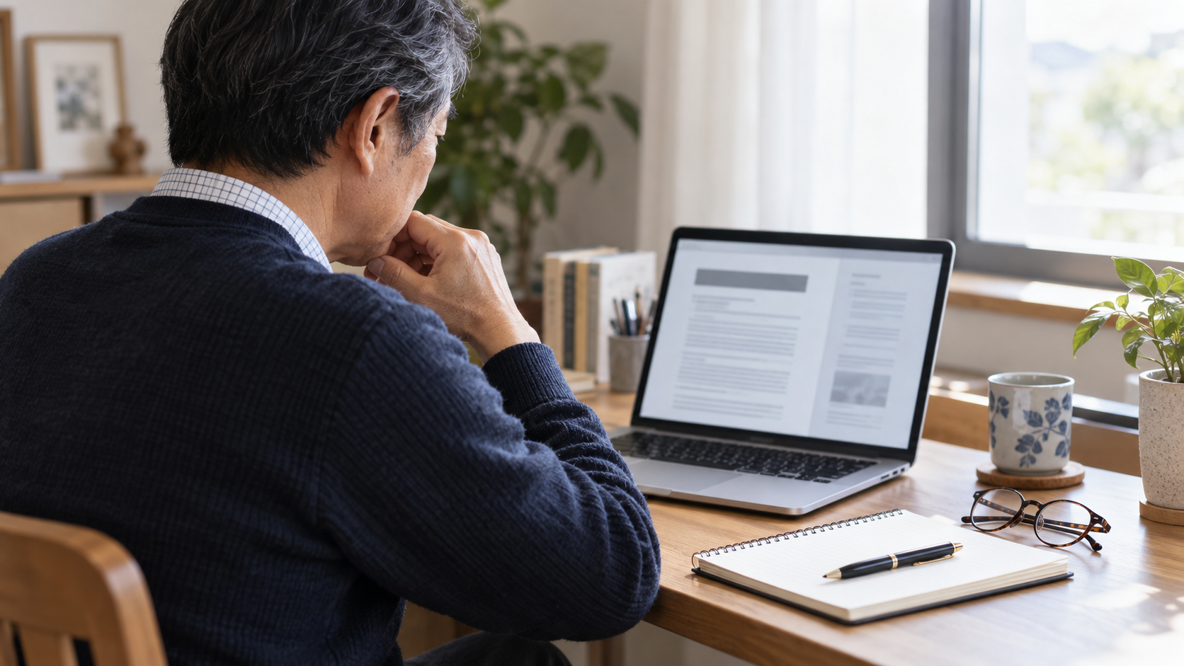 自宅の机でノートPCの企業開示を慎重に読む個人投資家