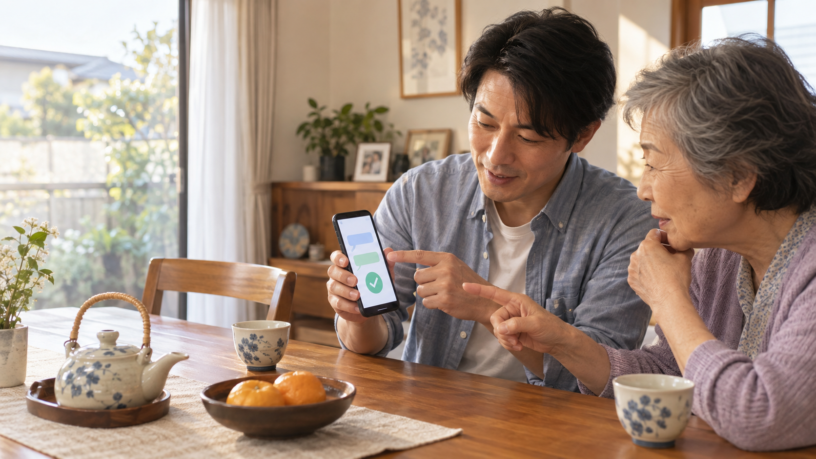 自宅でスマートフォンの公式メッセージ表示を一緒に確認する家族