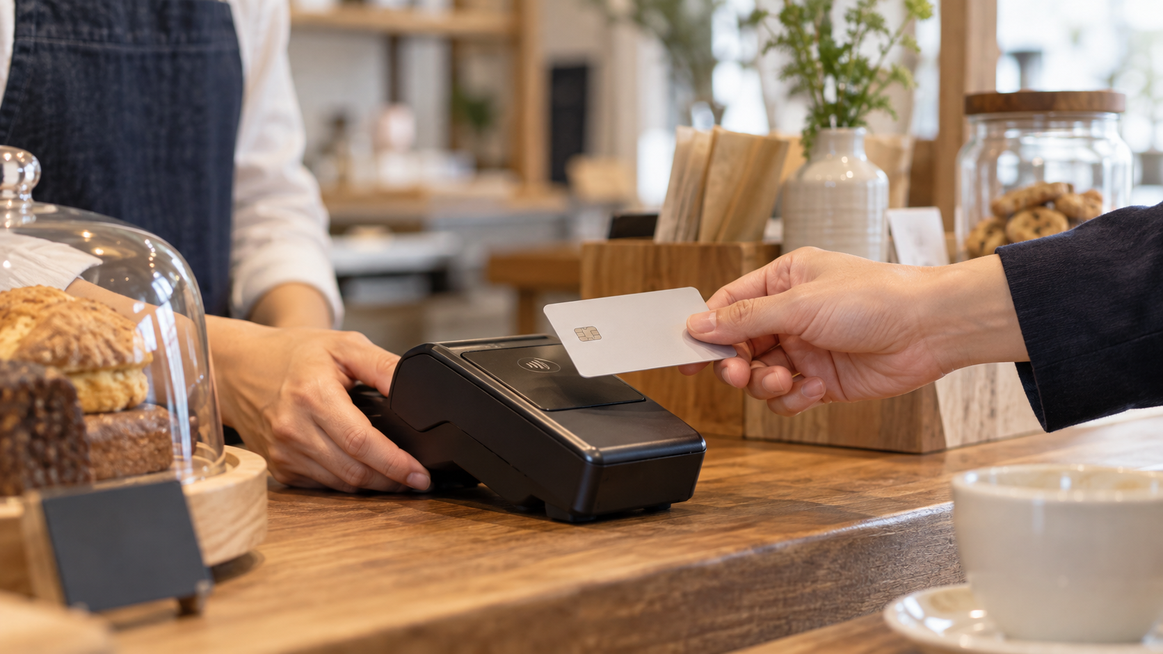 カフェの会計で無地のカードを決済端末にかざす手元