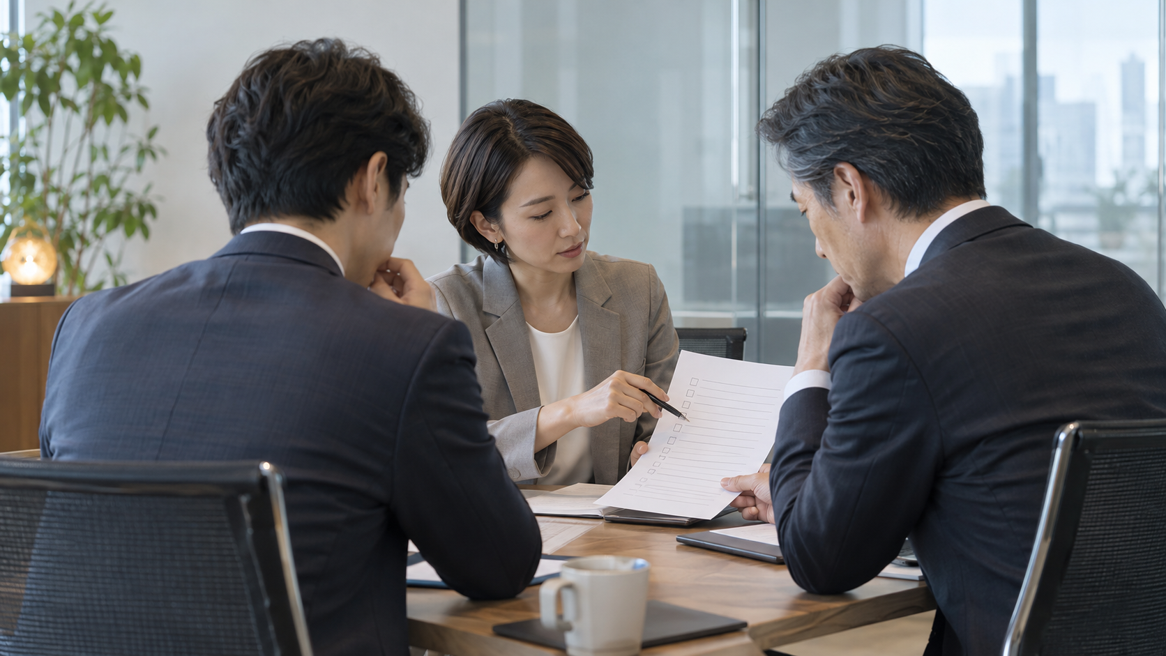 3人の担当者が公開買付けに関する確認リストを見直す会議