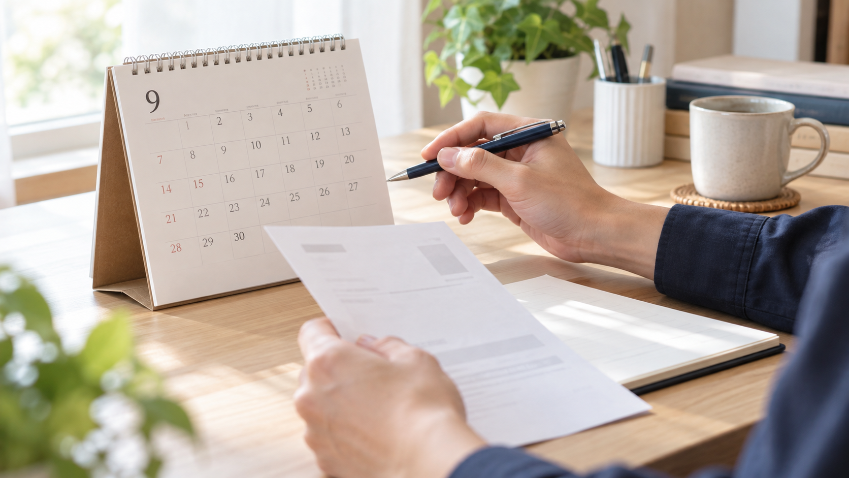 9月のカレンダーと書類を前に配当基準日を確認する手元