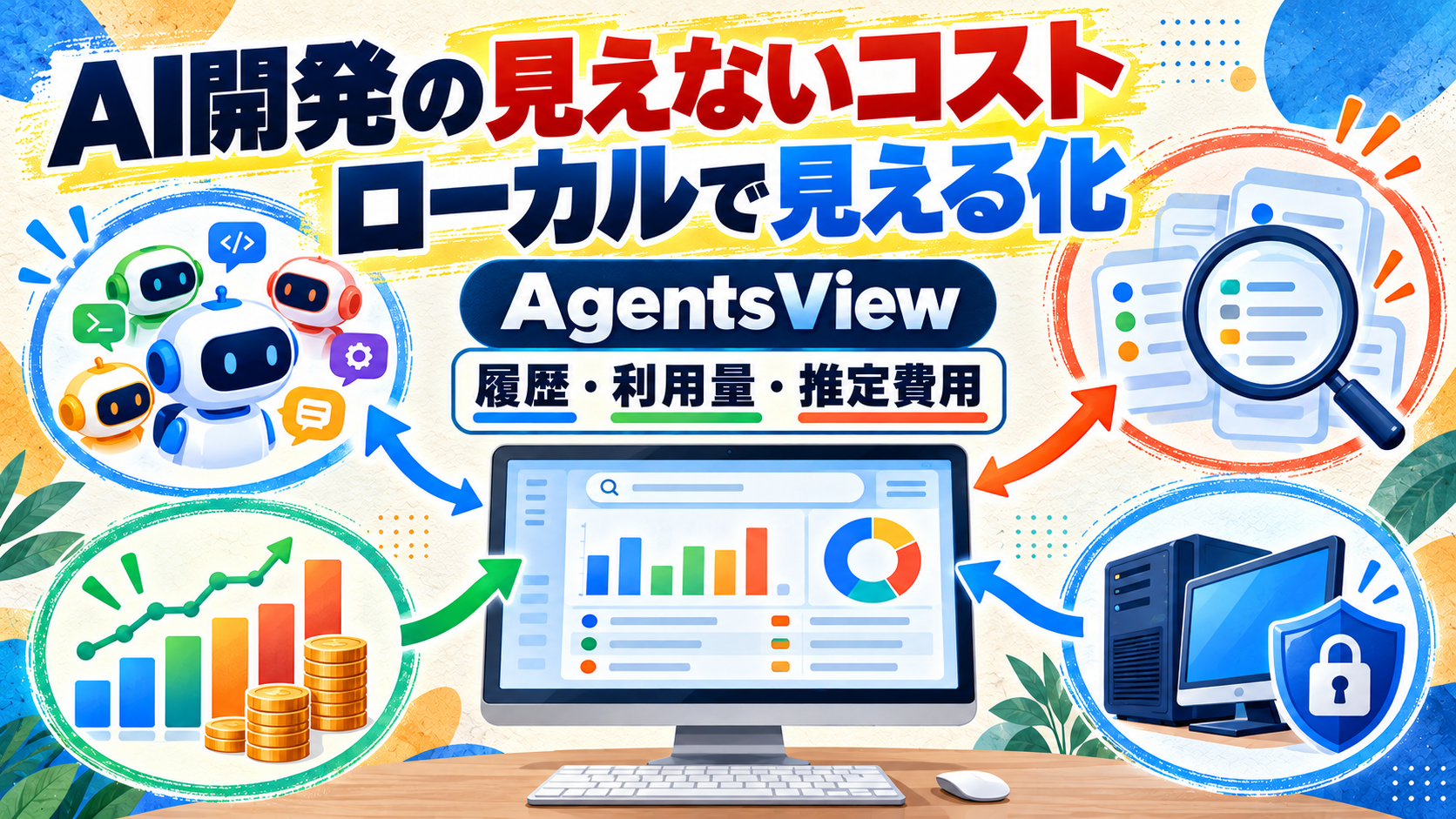 AgentsViewでAI開発の見えないコストをローカルで見える化し、履歴・利用量・推定費用を確認する情報図解