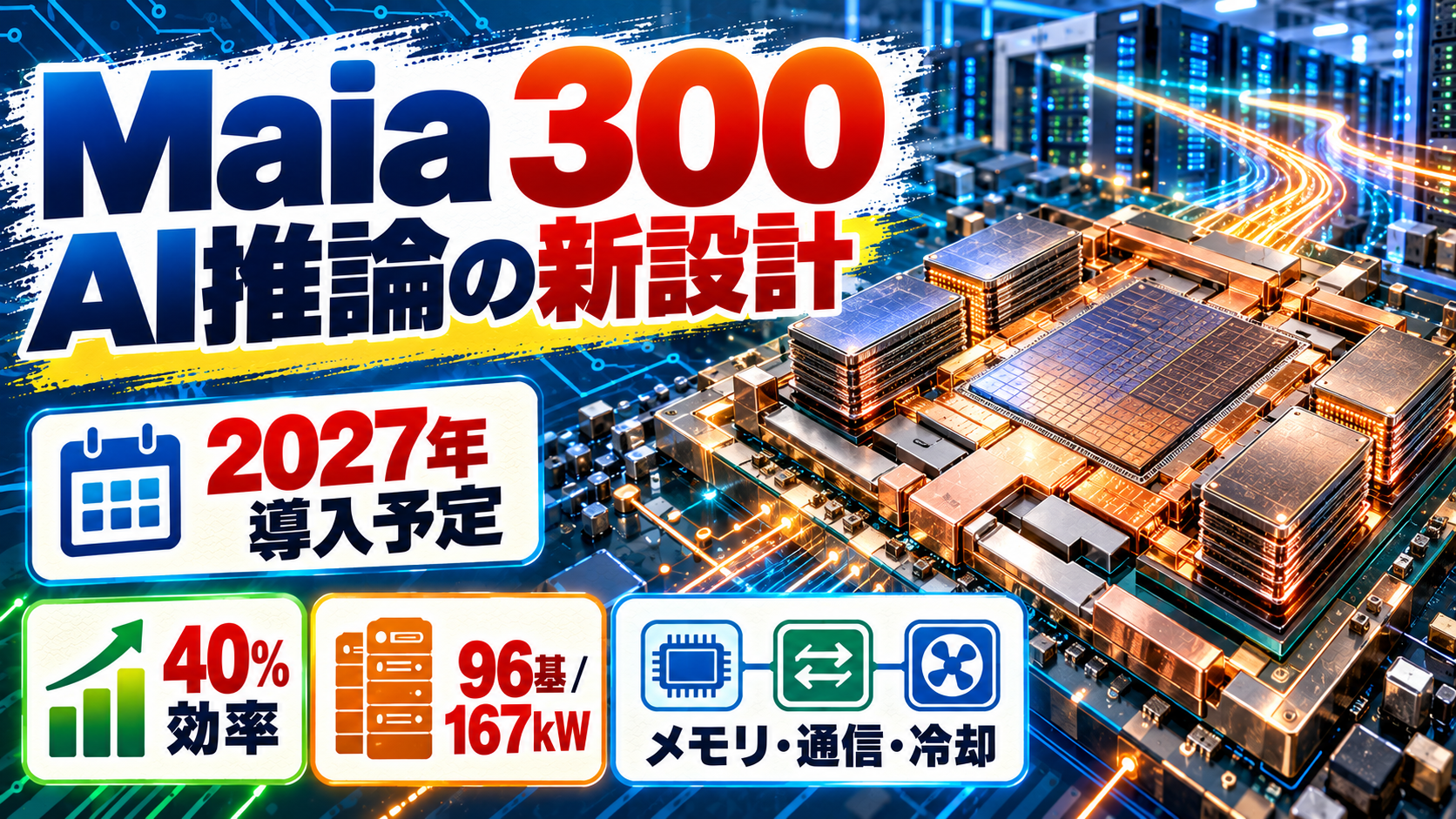 Microsoft Maia 300のチップレット、HBMメモリー、データフローと2027年導入予定、40パーセント効率、96基167kWを示す技術情報図解