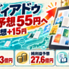 メディアドゥの配当予想55円への修正を、電子書籍の配信画面、売上583億円、純利益予想27.6億円、売却益確認で示す編集図解