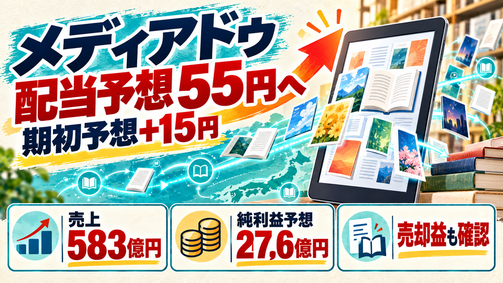 メディアドゥの配当予想55円への修正を、電子書籍の配信画面、売上583億円、純利益予想27.6億円、売却益確認で示す編集図解