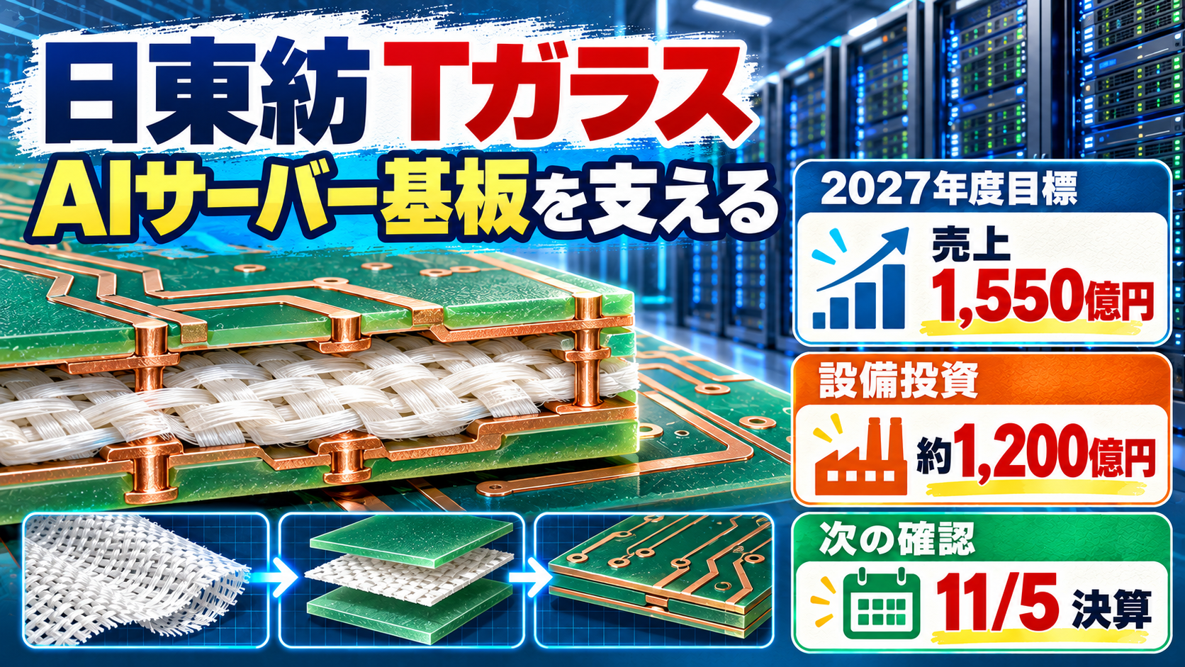 日東紡のTガラスを使う半導体パッケージ基板の断面とAIサーバー、2027年度目標と約1200億円の設備投資計画を示す情報図解