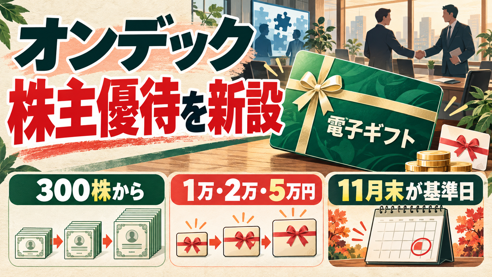 オンデックの株主優待新設を、緑の電子ギフトカード、300株からの保有条件、1万・2万・5万円相当、11月末基準日で示す編集図解
