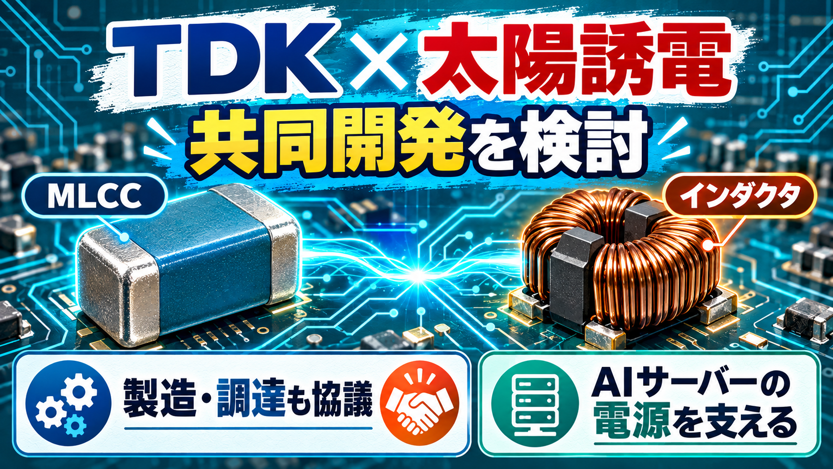 TDKと太陽誘電がMLCCとインダクタの共同開発を検討する動きを示すアイキャッチ