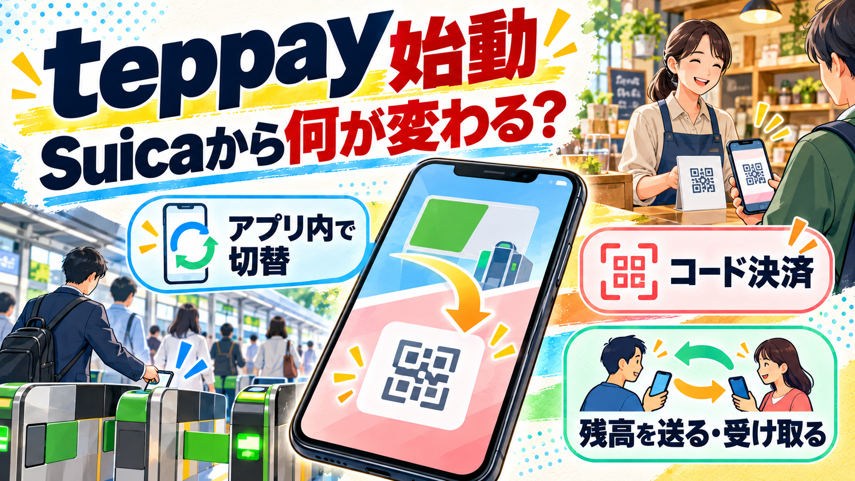 モバイルSuicaからteppayへ切り替えるスマートフォンを中心に、駅の改札と店舗でのコード決済、残高送付を示した図解