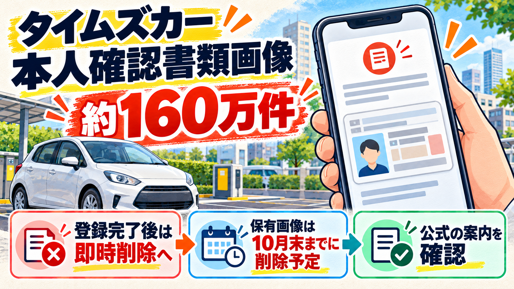タイムズカーの本人確認書類画像の漏えいを、カーシェア車両、公式案内画面、約160万件、登録後の即時削除、10月末までの削除予定で示す編集図解