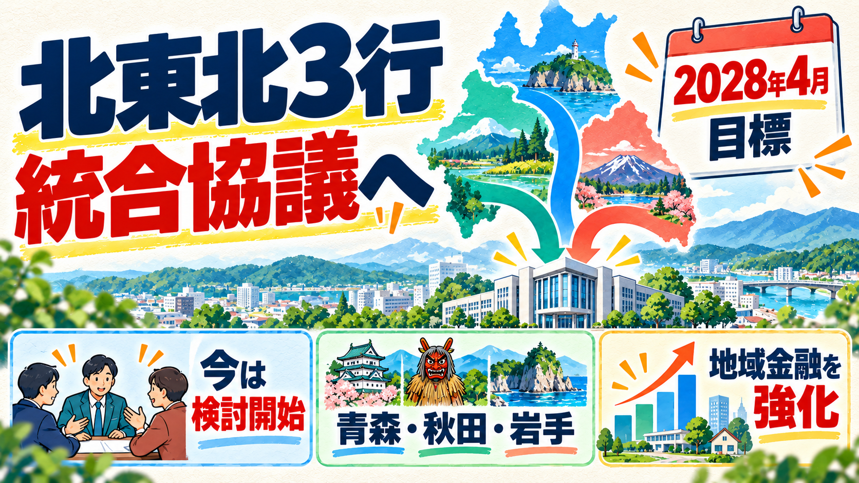 北東北3行の統合協議と2028年4月の目標を三つの流れで表したアイキャッチ