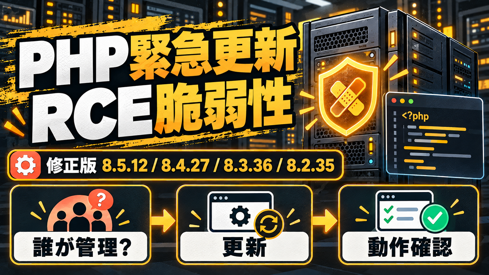 PHP緊急更新のRCE脆弱性と修正版4系統、管理者確認から動作確認までの流れを示すサーバー運用図