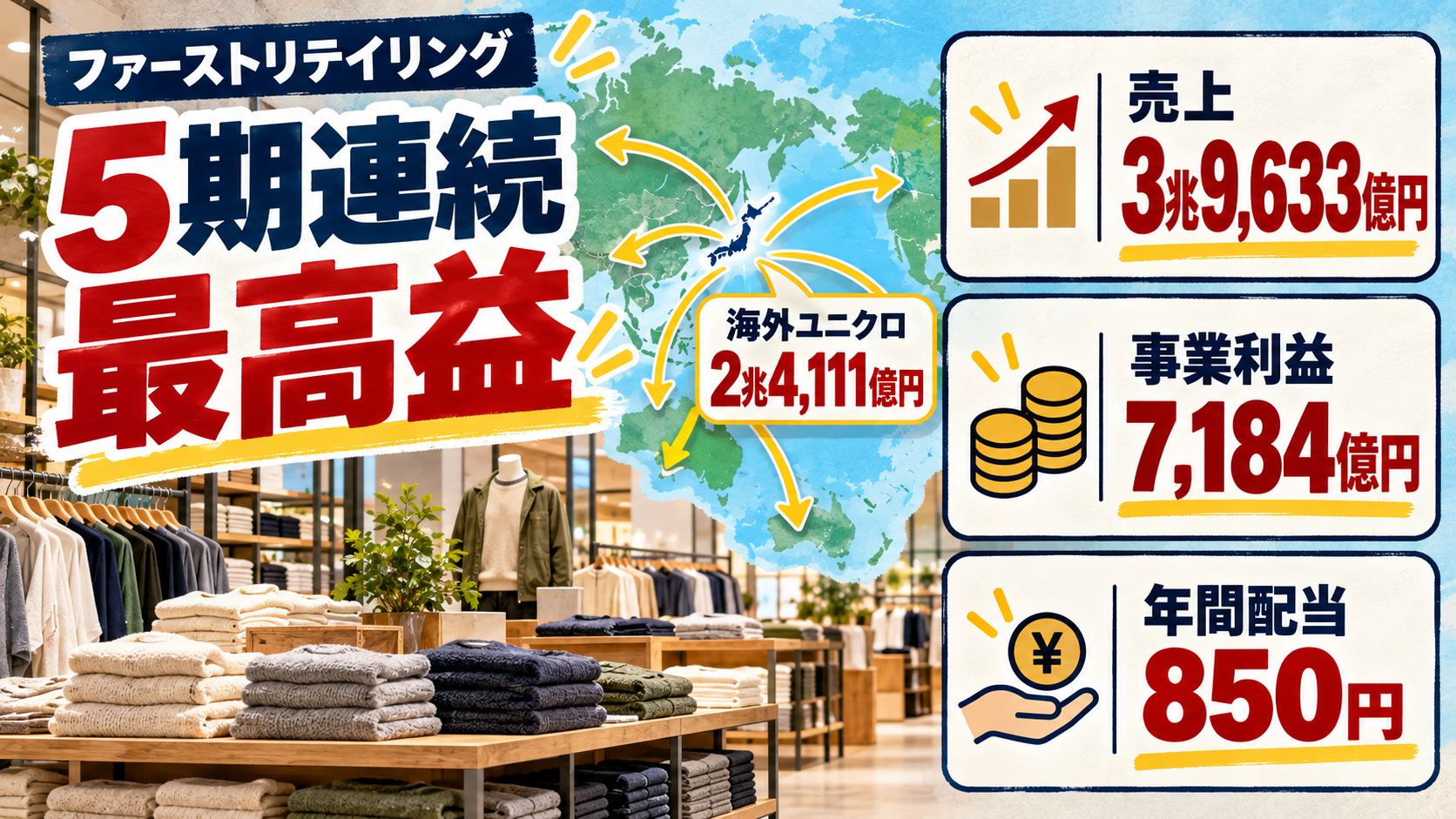ファーストリテイリングの5期連続最高益を、衣料売場、世界地図、売上3兆9,633億円、事業利益7,184億円、年間配当850円で示す情報図解