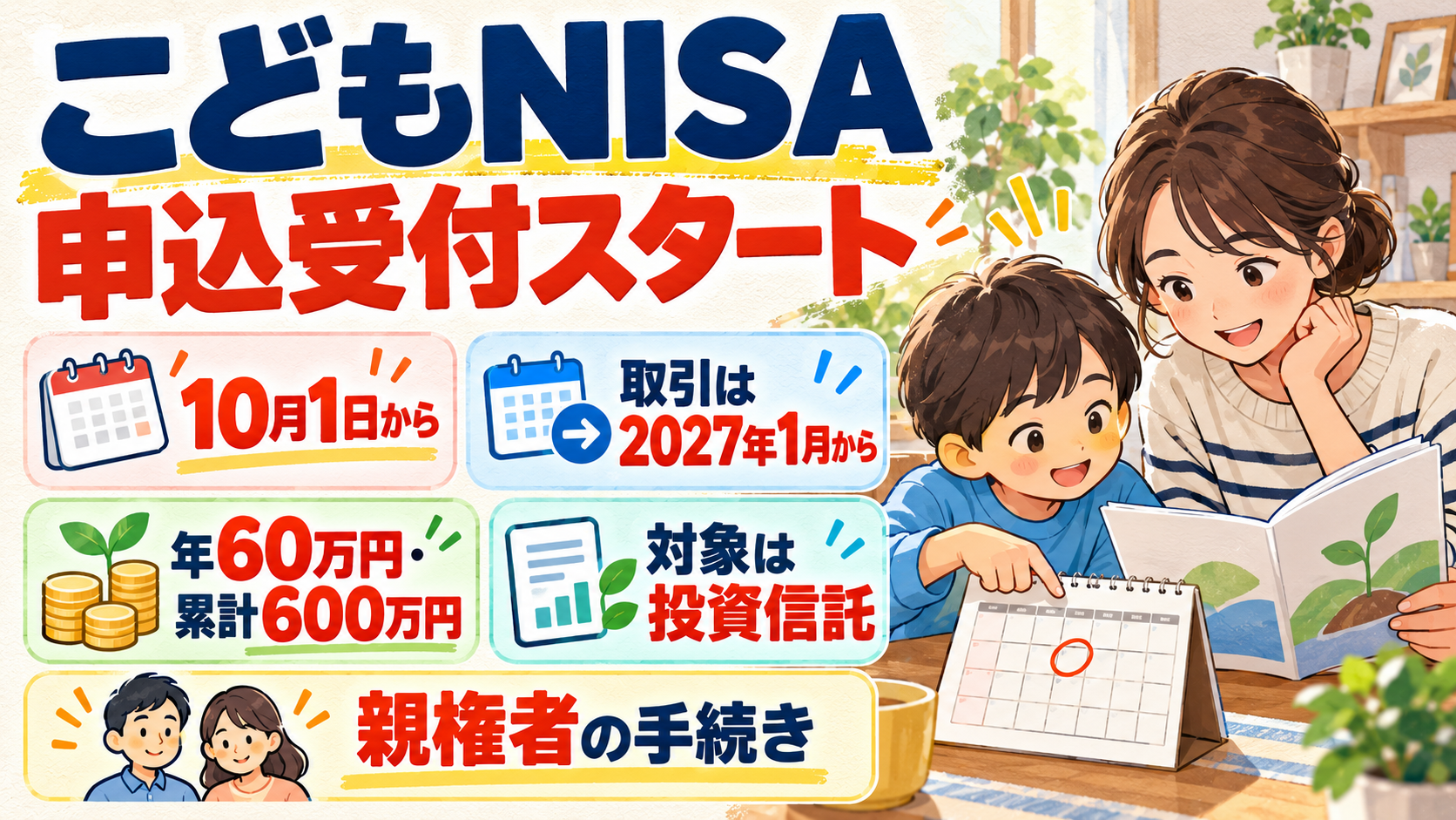 こどもNISAの申込受付開始、2027年の取引開始、年60万円・累計600万円、投資信託、親権者手続きを示す家族向け情報図解