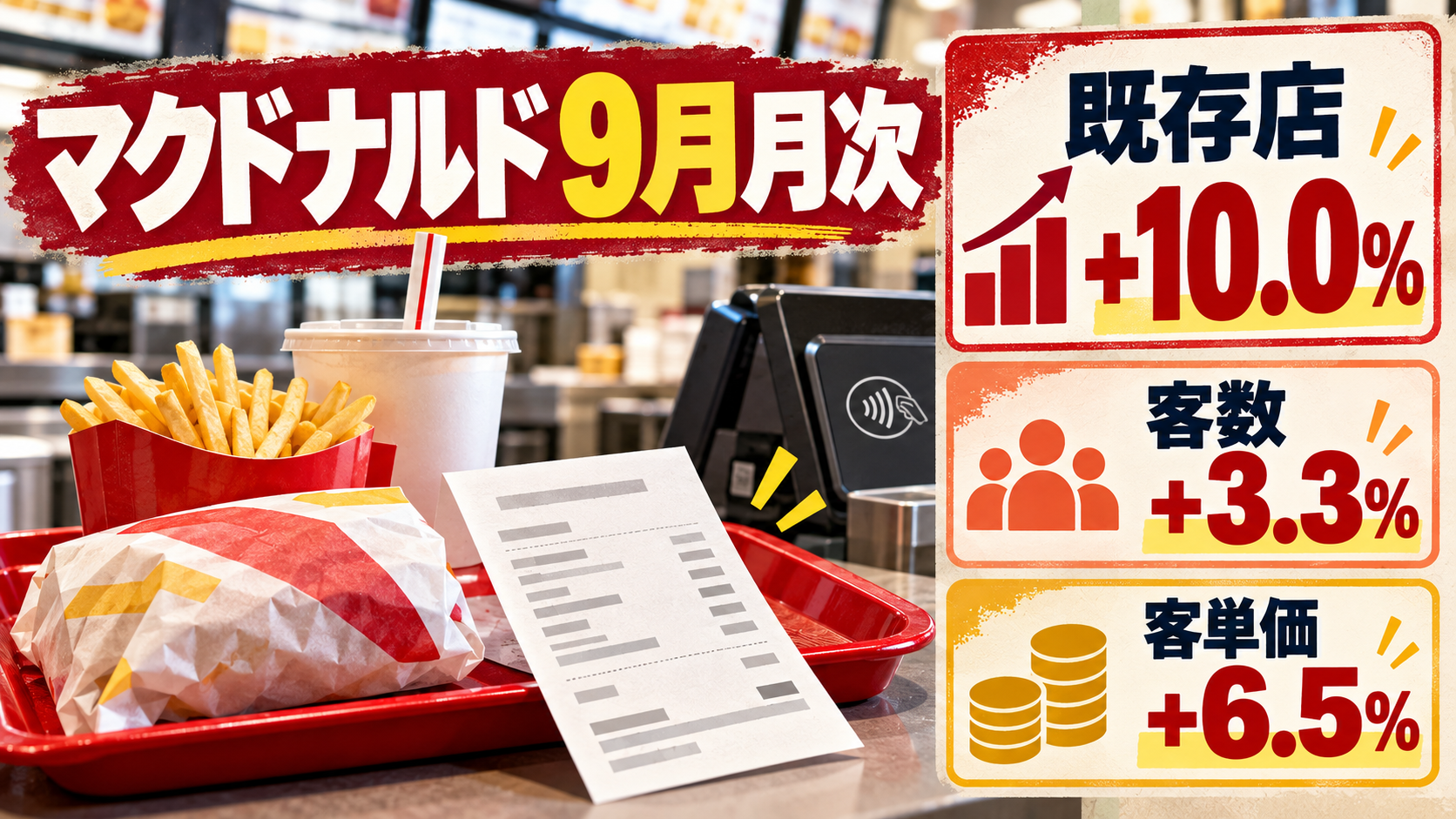 マクドナルドの2026年9月月次で既存店売上10.0％増、客数3.3％増、客単価6.5％増を示すレジカウンターの情報図解