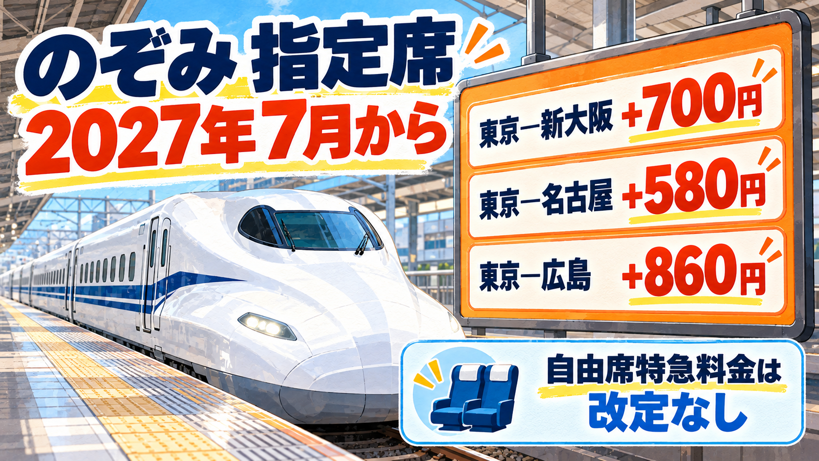 のぞみ指定席の2027年7月料金改定と東京―新大阪プラス700円、東京―名古屋プラス580円、東京―広島プラス860円を示す新幹線駅の情報図解