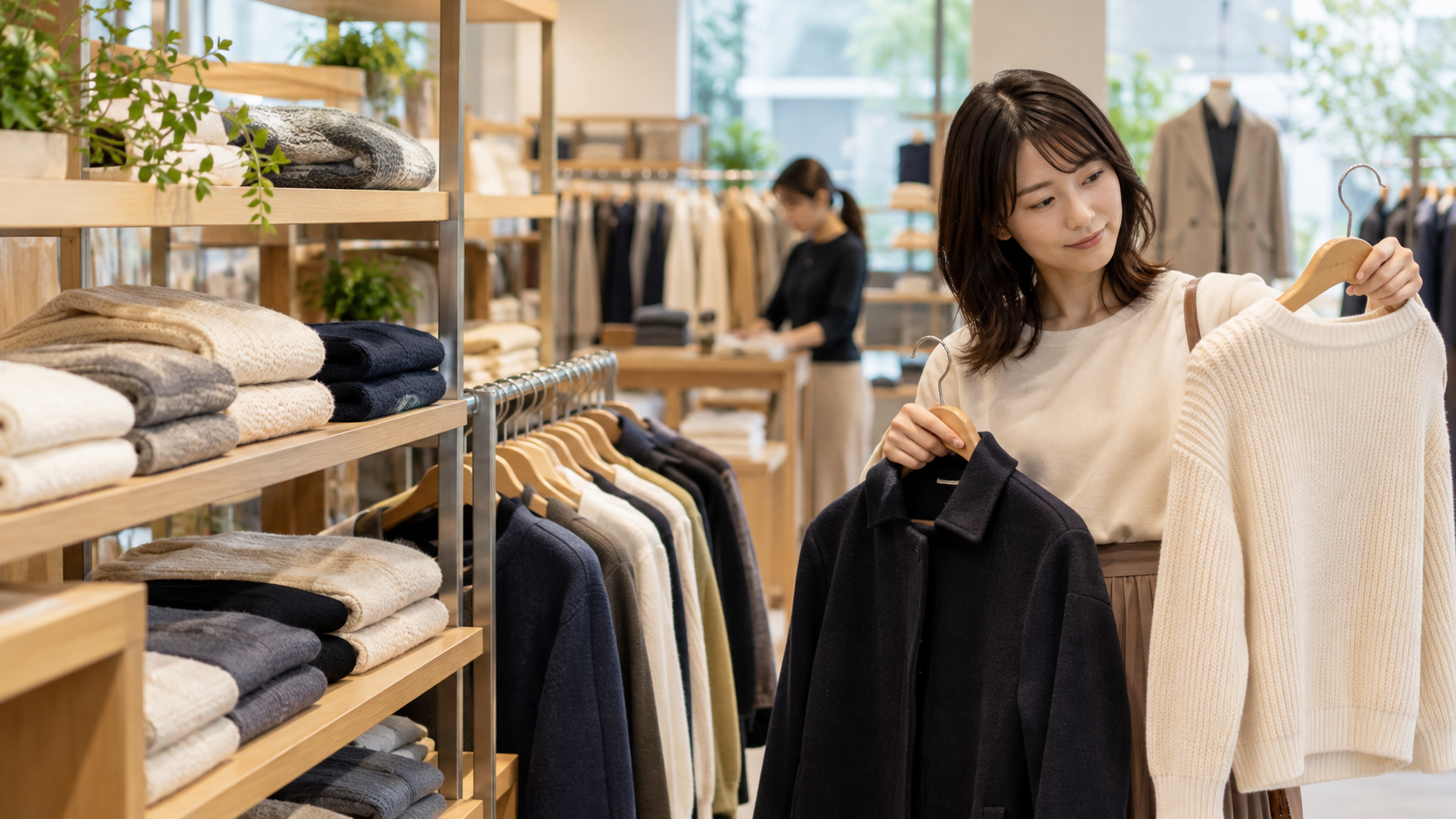 無地のニットとジャケットを手に取り比較する衣料店の来店客