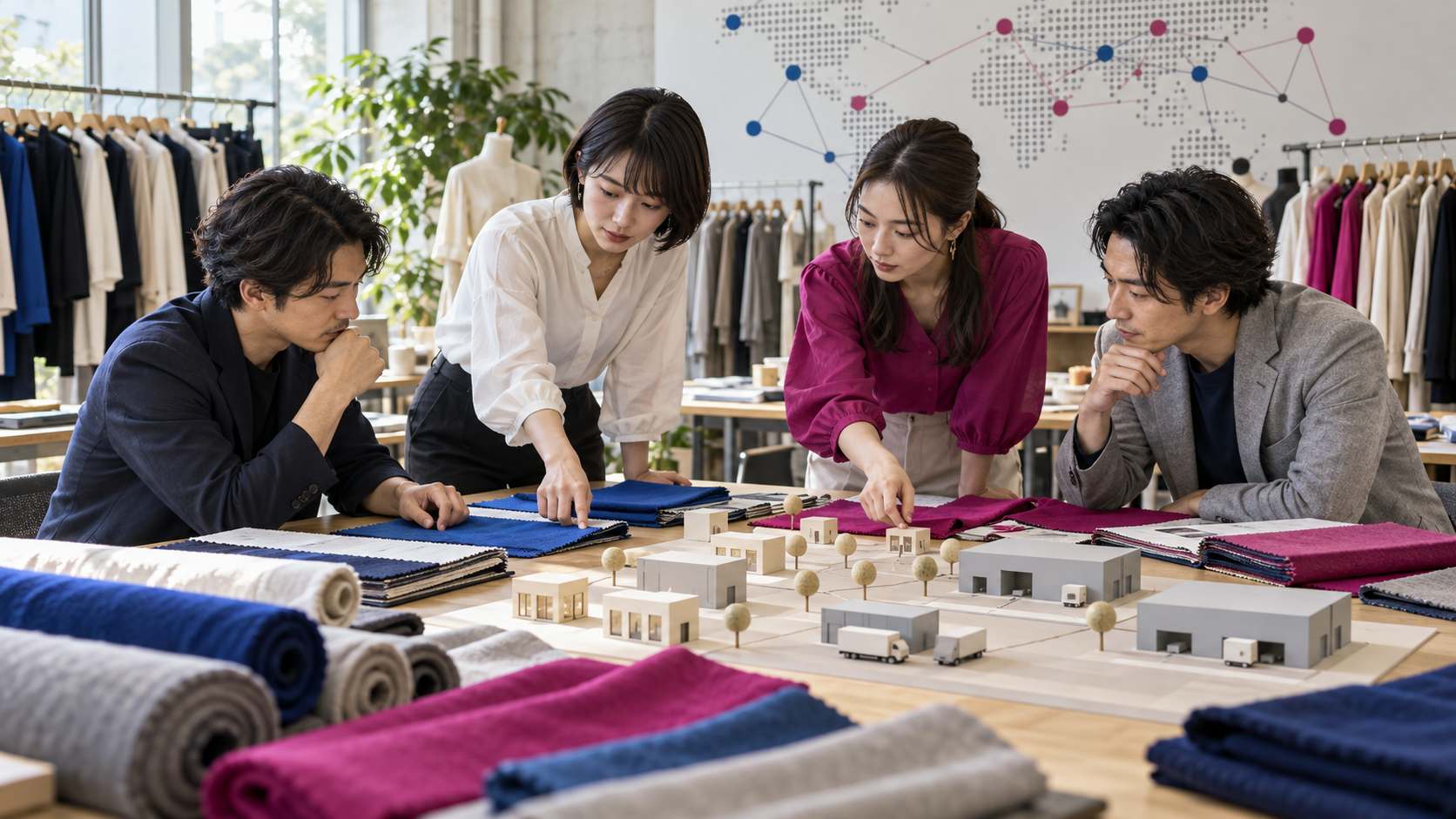 青とマゼンタの生地見本と物流模型を囲み、アパレル事業の統合計画を話し合う4人の担当者