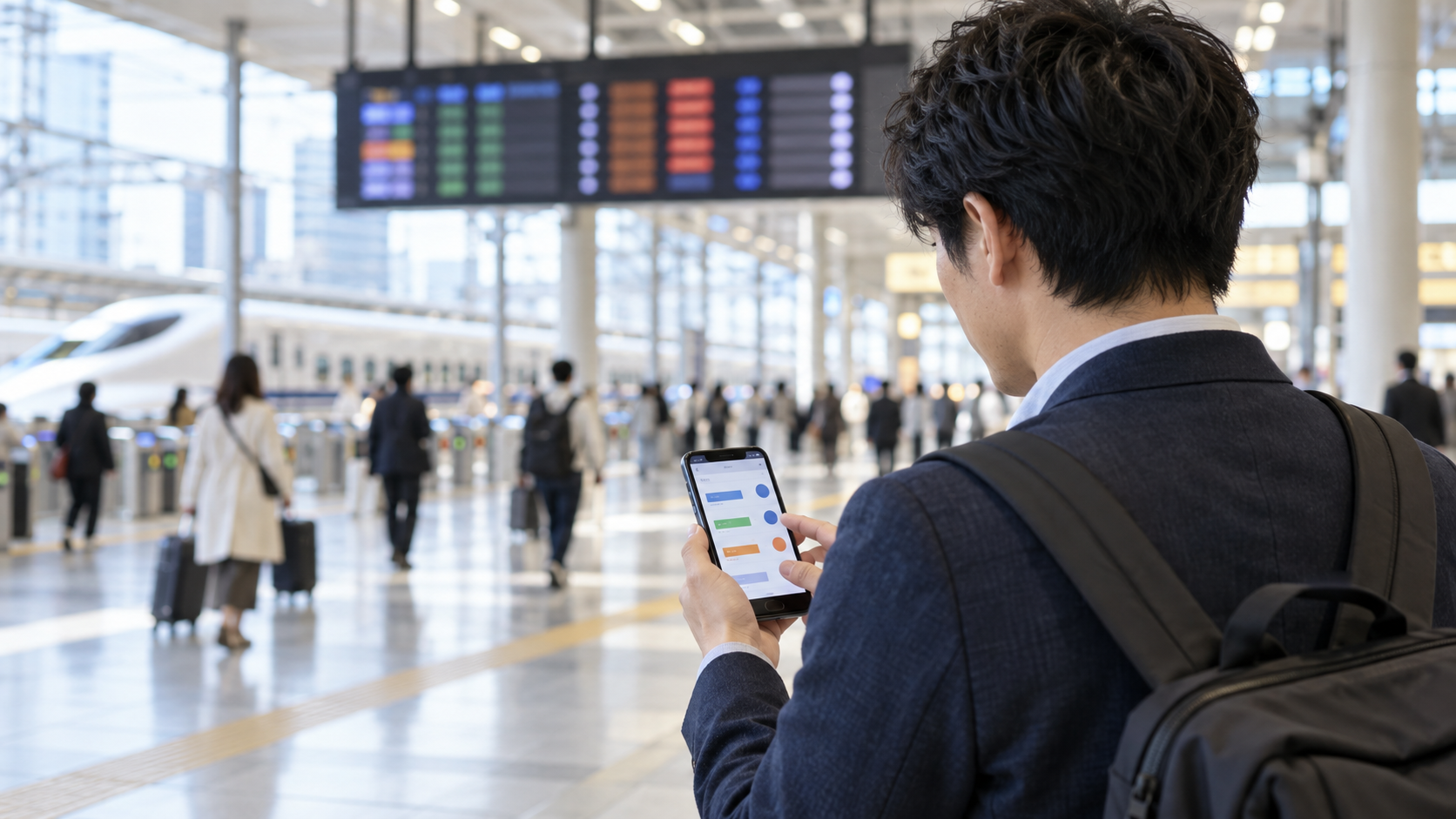 新幹線駅のコンコースで料金条件をスマートフォンで確認する出張者
