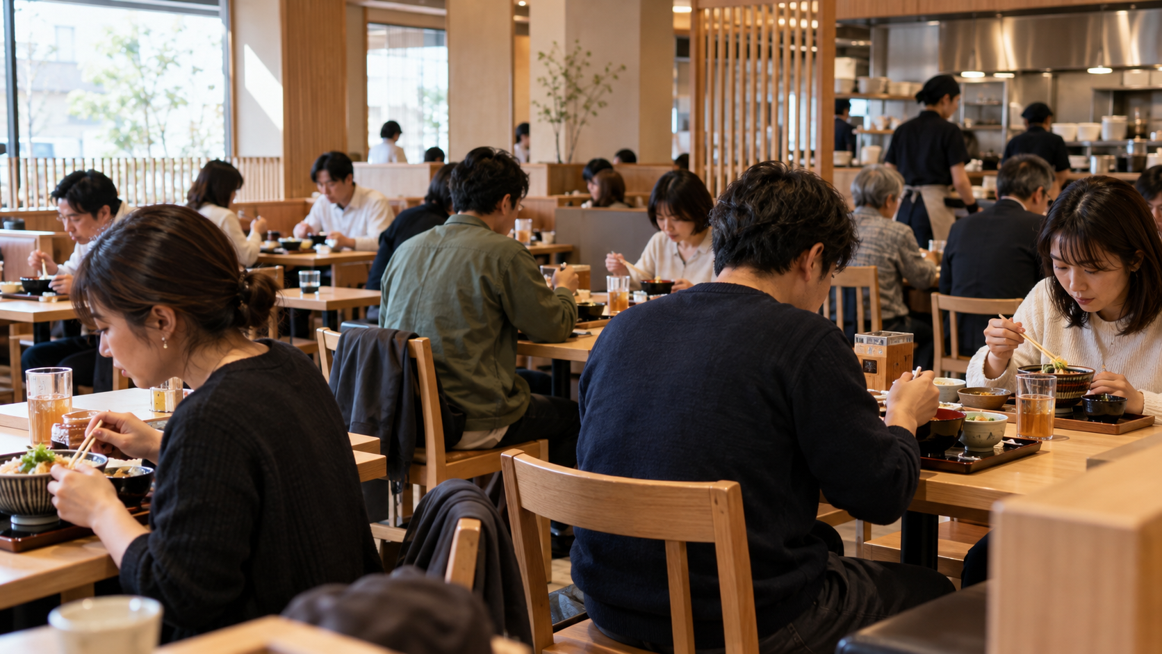 昼食時のファストフード店内で食事をする複数の利用客