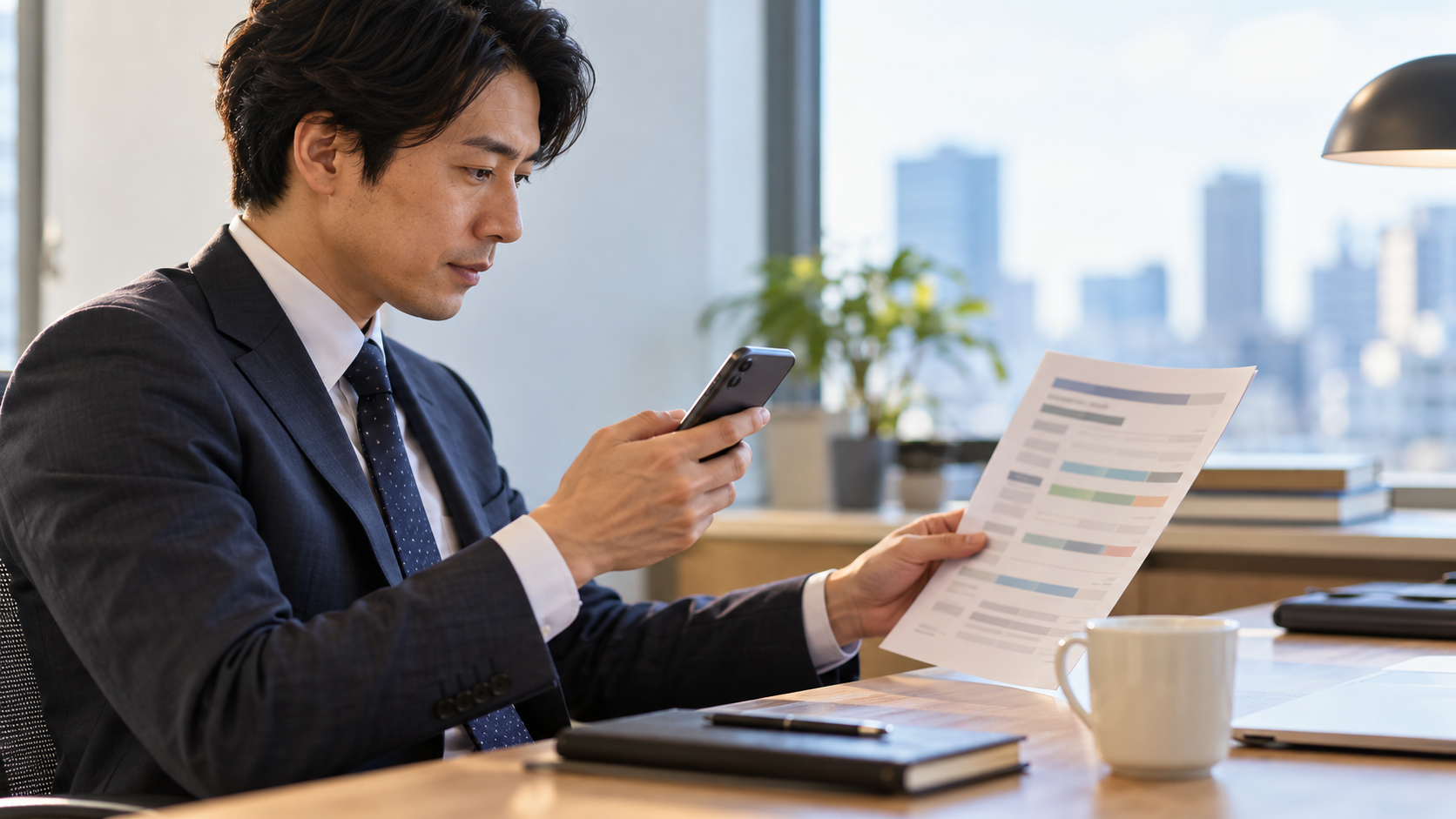 出張前にスマートフォンと旅程表を見比べて予約条件を確認する会社員