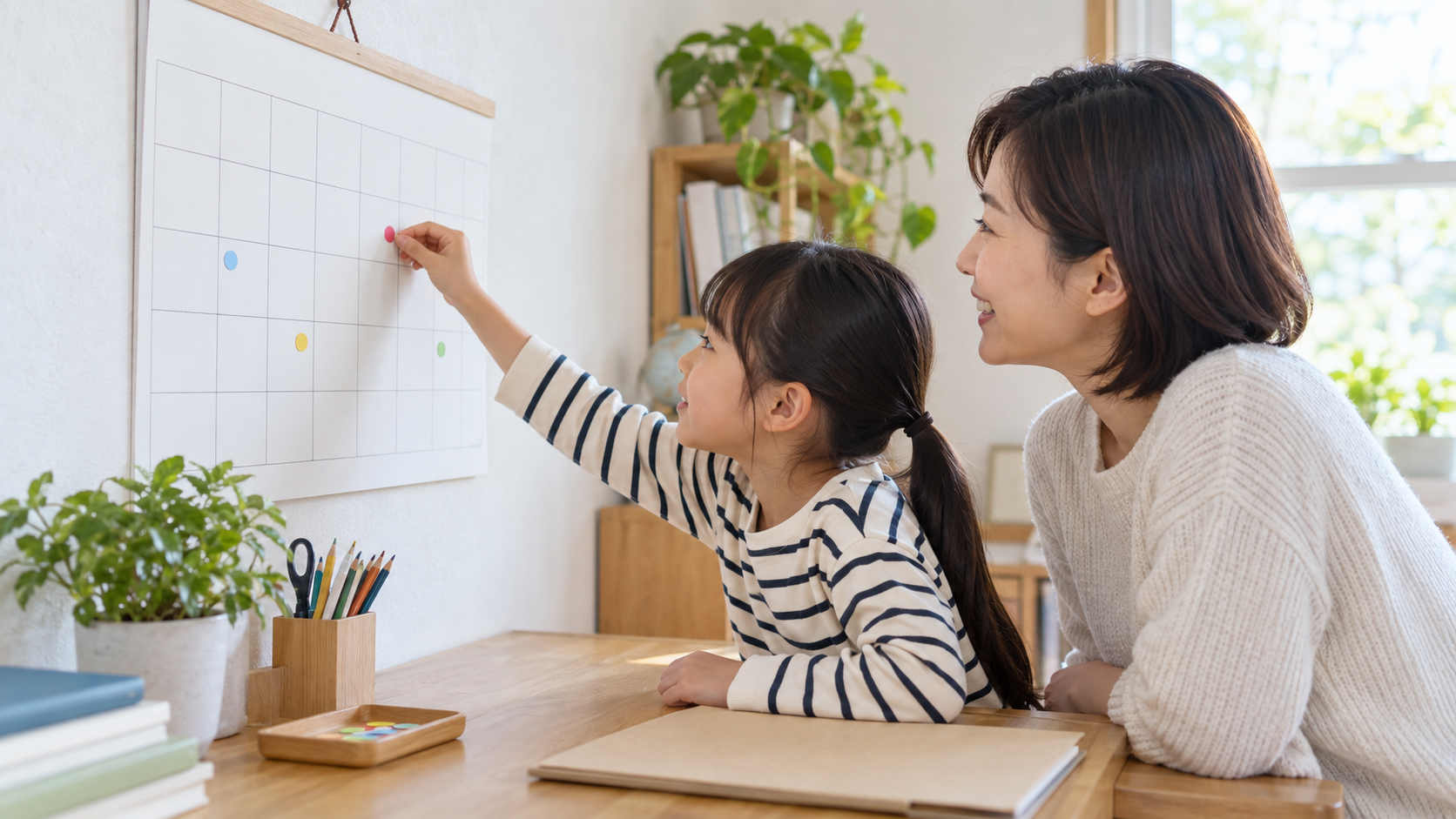 親子が自宅の大きなカレンダーに予定の印を付けて長期計画を確認している様子