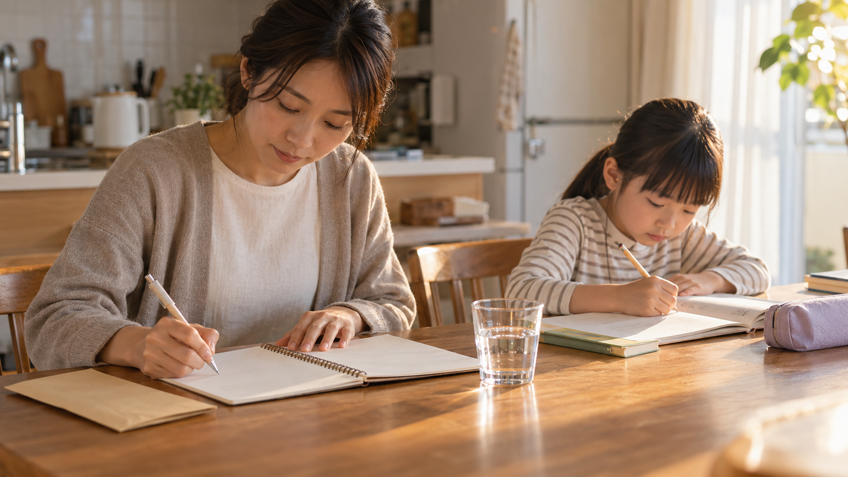 子どもが宿題をする横で親が教育資金の予定をノートに整理している自宅の様子